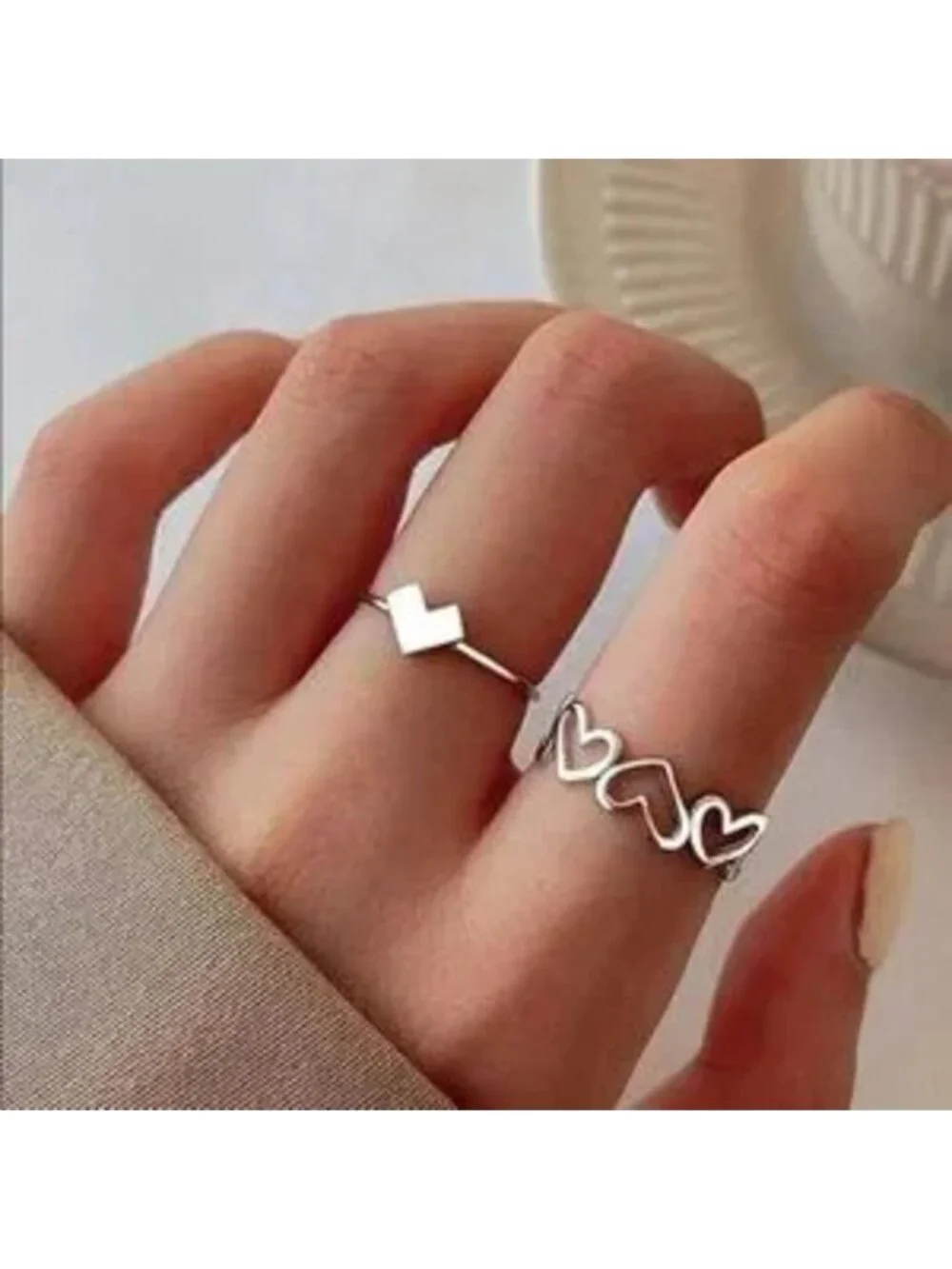 Silver 2pc Heart Ring Set